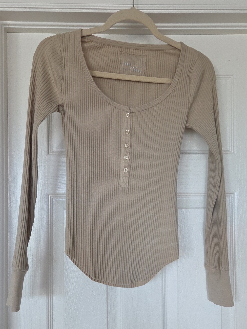 Aerie Ribbed Long Sleeve Scoop Neck Women's Top, Taupe, Size XS, LNWOT